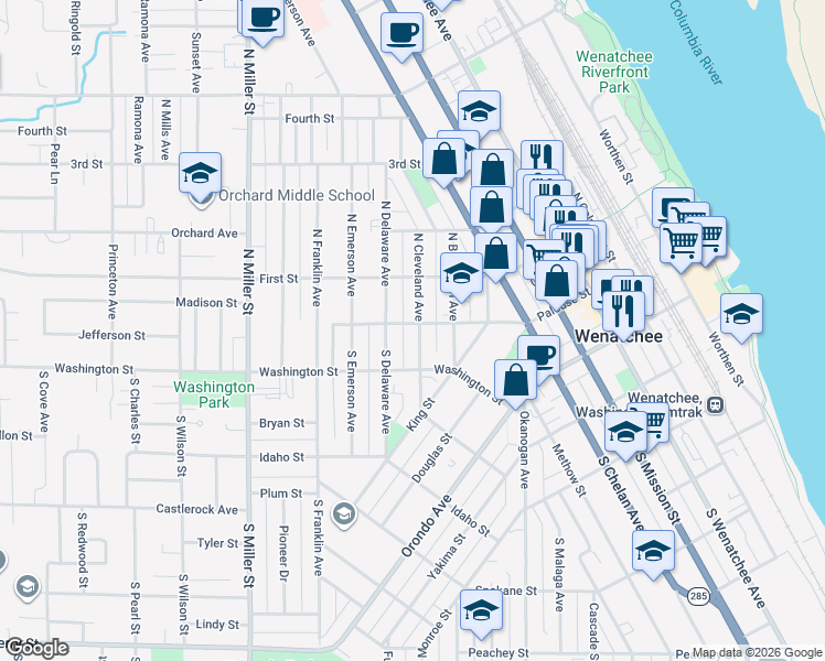 map of restaurants, bars, coffee shops, grocery stores, and more near 2 South Cleveland Avenue in Wenatchee