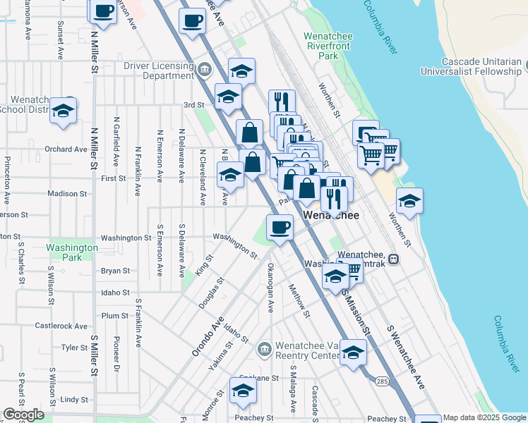 map of restaurants, bars, coffee shops, grocery stores, and more near 12 North Chelan Avenue in Wenatchee