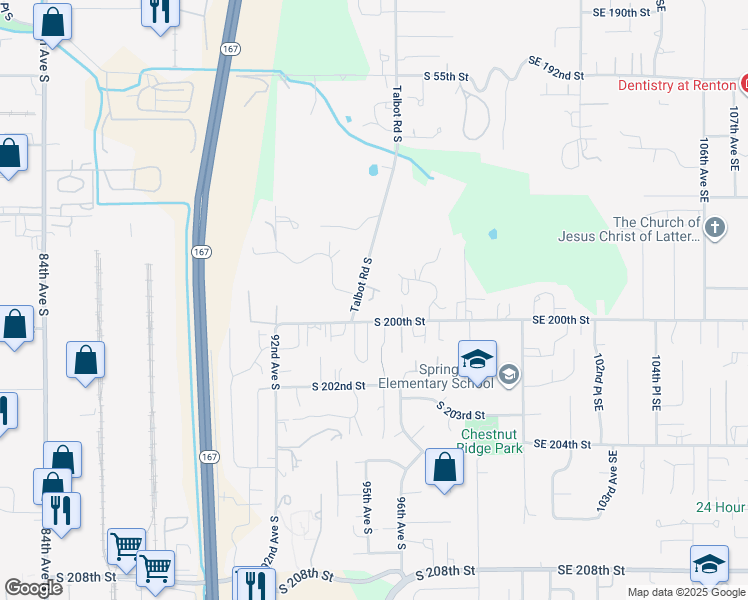 map of restaurants, bars, coffee shops, grocery stores, and more near 19808 Talbot Road South in Renton