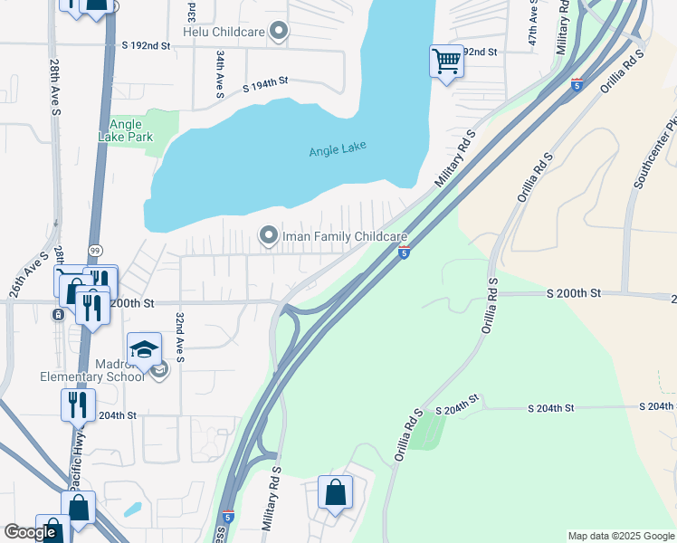 map of restaurants, bars, coffee shops, grocery stores, and more near 19816 Military Road South in SeaTac
