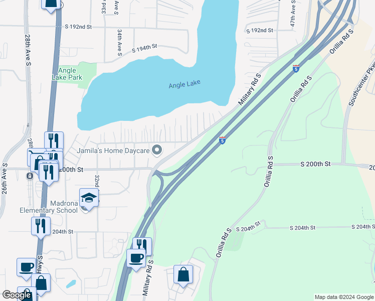 map of restaurants, bars, coffee shops, grocery stores, and more near 19816 Military Road South in SeaTac
