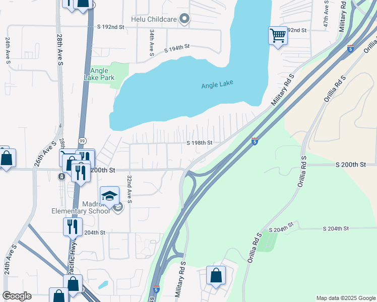 map of restaurants, bars, coffee shops, grocery stores, and more near 3531 South 198th Street in SeaTac