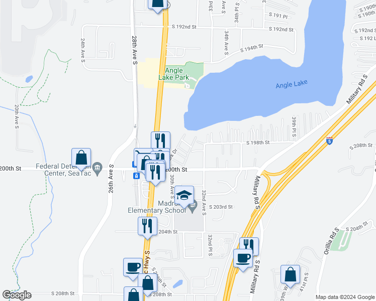 map of restaurants, bars, coffee shops, grocery stores, and more near 2908 South 200th Street in SeaTac