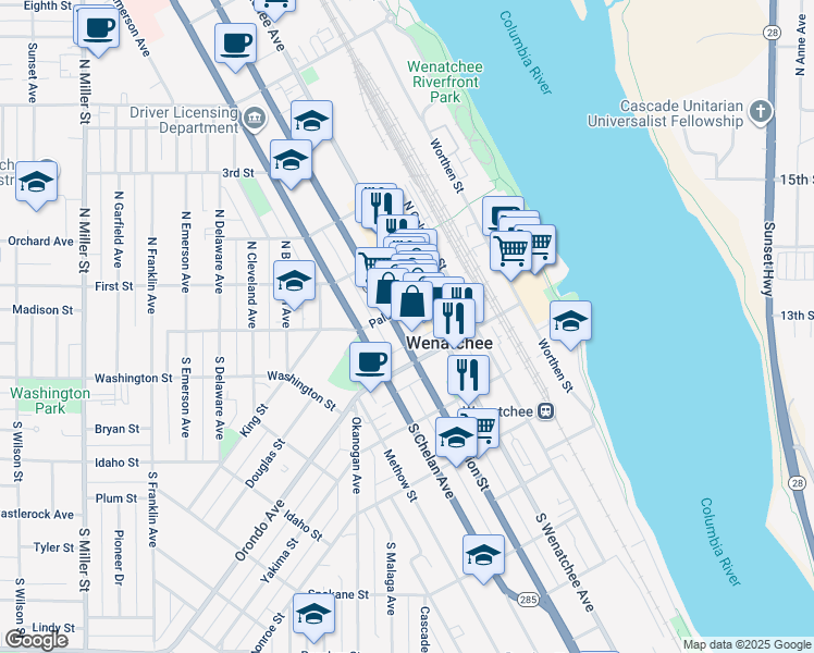 map of restaurants, bars, coffee shops, grocery stores, and more near 15 South Mission Street in Wenatchee