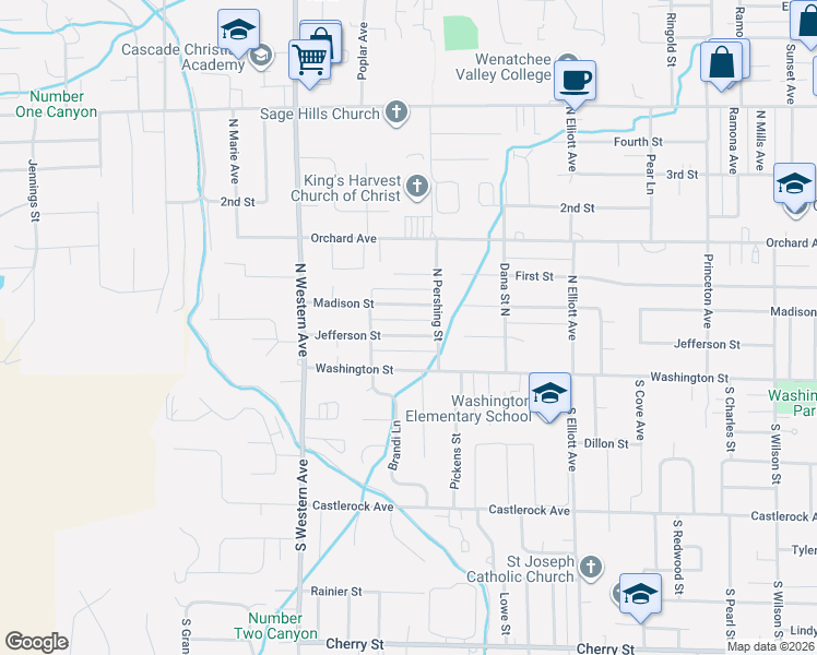 map of restaurants, bars, coffee shops, grocery stores, and more near 1618 Jefferson Street in Wenatchee