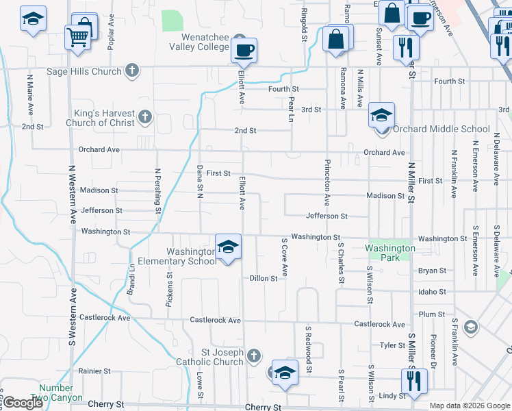 map of restaurants, bars, coffee shops, grocery stores, and more near 12 Sunburst St in Wenatchee