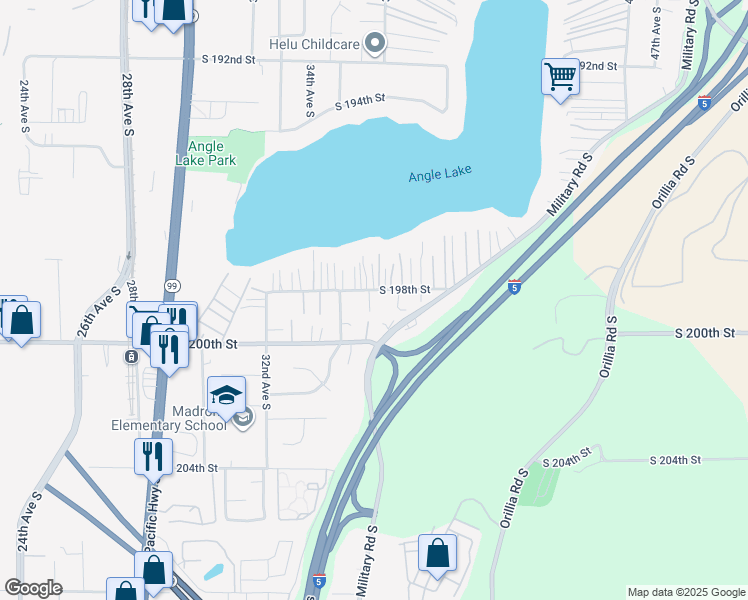 map of restaurants, bars, coffee shops, grocery stores, and more near 3531 South 198th Street in SeaTac