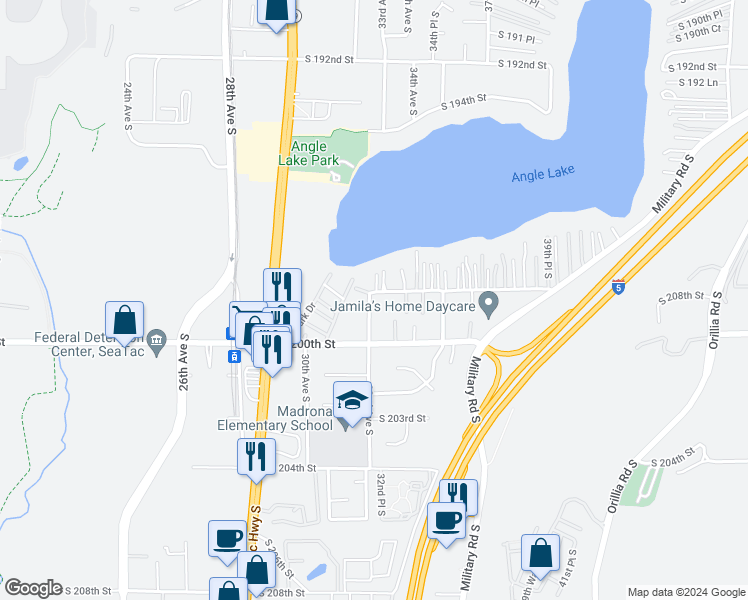 map of restaurants, bars, coffee shops, grocery stores, and more near 19804 32nd Avenue South in SeaTac