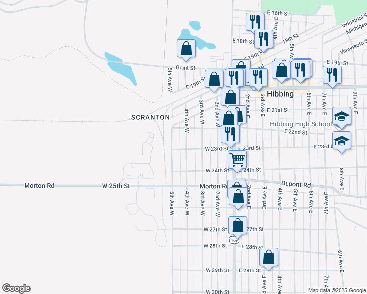 map of restaurants, bars, coffee shops, grocery stores, and more near 2229 4th Avenue West in Hibbing