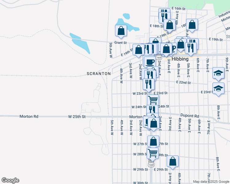 map of restaurants, bars, coffee shops, grocery stores, and more near 2228 5th Avenue West in Hibbing