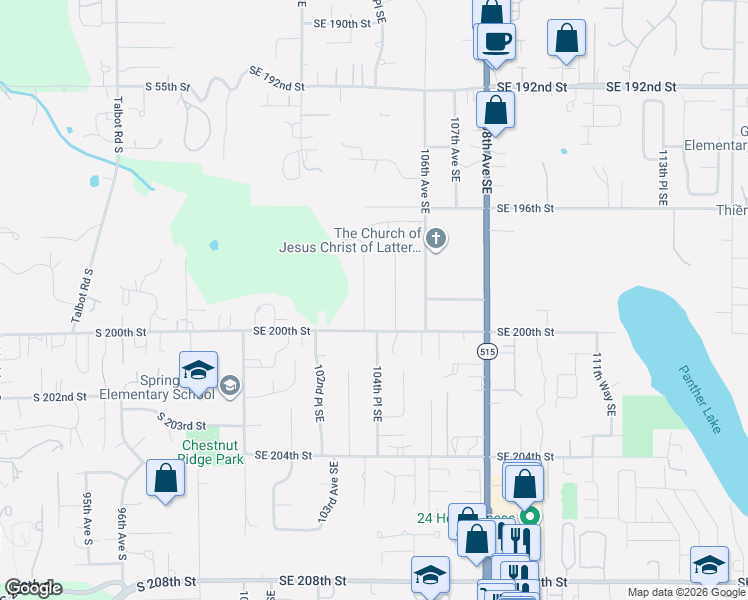 map of restaurants, bars, coffee shops, grocery stores, and more near 19822 104th Avenue Southeast in Renton