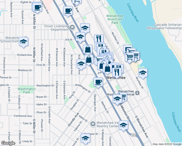 map of restaurants, bars, coffee shops, grocery stores, and more near 12 North Chelan Avenue in Wenatchee