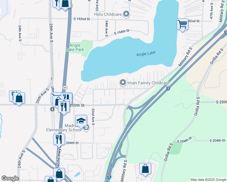 map of restaurants, bars, coffee shops, grocery stores, and more near 3423 South 198th Street in SeaTac