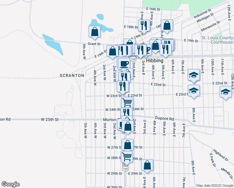 map of restaurants, bars, coffee shops, grocery stores, and more near 2230 2nd Avenue East in Hibbing