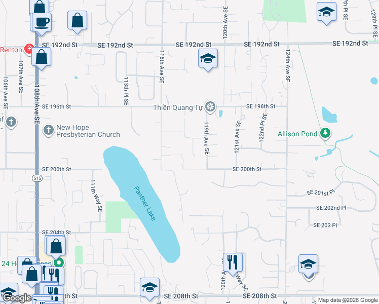 map of restaurants, bars, coffee shops, grocery stores, and more near 19829 118th Avenue Southeast in Kent