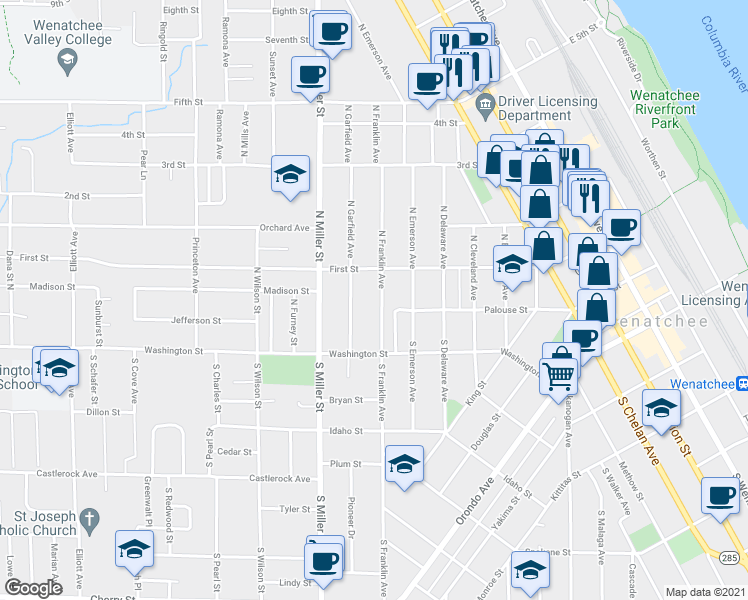 map of restaurants, bars, coffee shops, grocery stores, and more near 16 North Franklin Avenue in Wenatchee