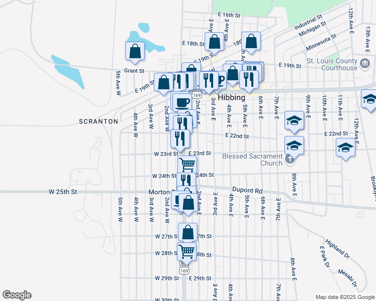 map of restaurants, bars, coffee shops, grocery stores, and more near 2232 1st Avenue in Hibbing