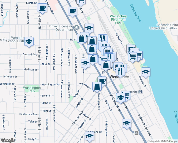 map of restaurants, bars, coffee shops, grocery stores, and more near 312 Palouse Street in Wenatchee