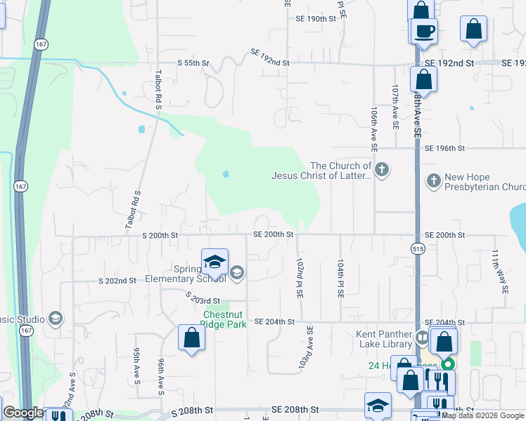 map of restaurants, bars, coffee shops, grocery stores, and more near 19944 101st Avenue Southeast in Renton