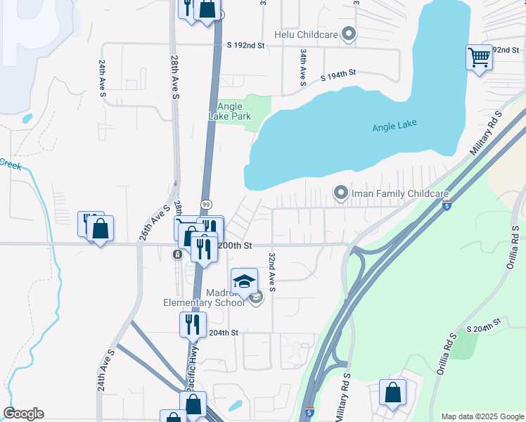 map of restaurants, bars, coffee shops, grocery stores, and more near 19804 32nd Avenue South in SeaTac