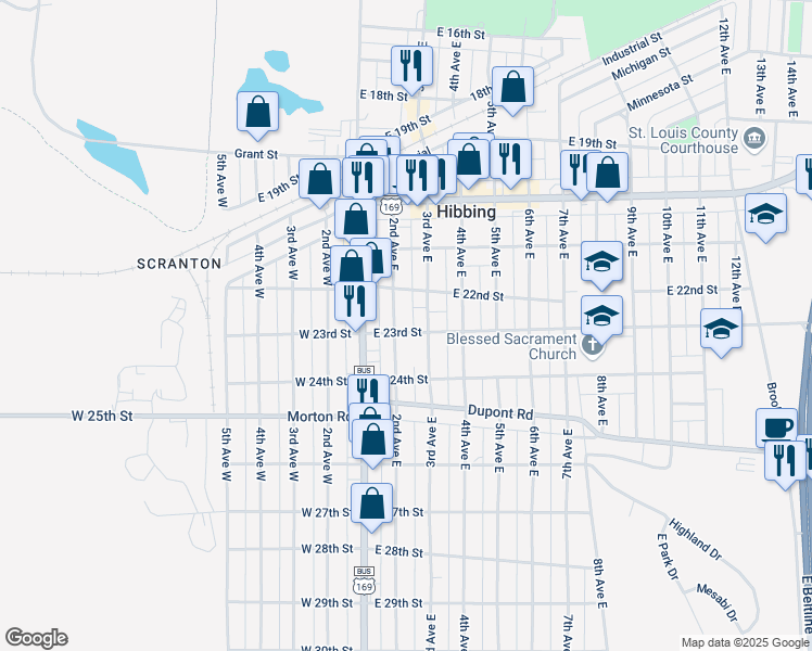 map of restaurants, bars, coffee shops, grocery stores, and more near 201 East 23rd Street in Hibbing