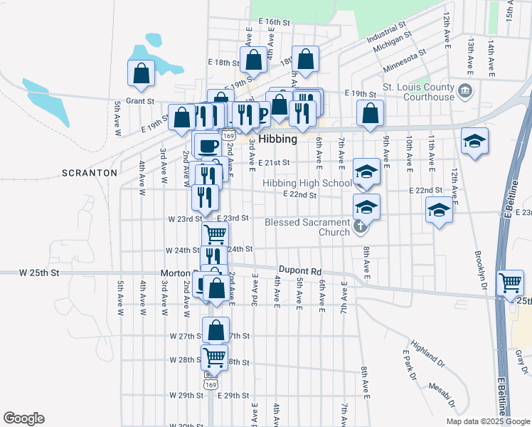 map of restaurants, bars, coffee shops, grocery stores, and more near 309 East 23rd Street in Hibbing