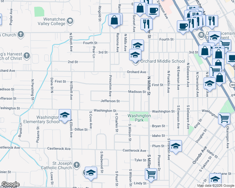map of restaurants, bars, coffee shops, grocery stores, and more near 1111 Madison Street in Wenatchee
