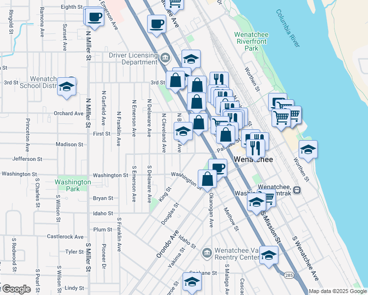 map of restaurants, bars, coffee shops, grocery stores, and more near 312 Palouse Street in Wenatchee
