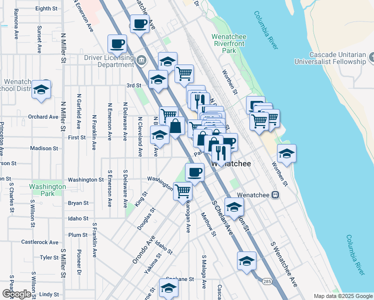 map of restaurants, bars, coffee shops, grocery stores, and more near 11 North Chelan Avenue in Wenatchee