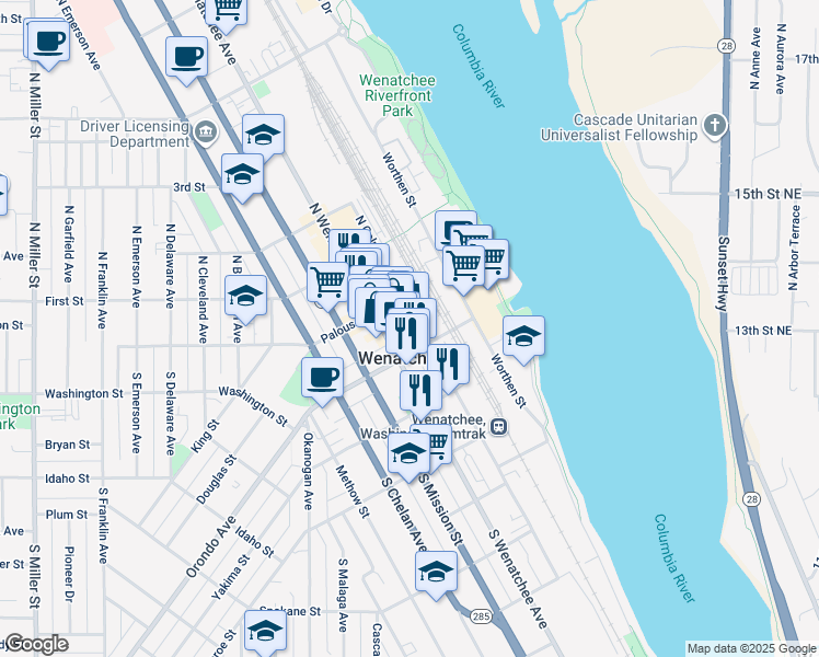 map of restaurants, bars, coffee shops, grocery stores, and more near 23 South Wenatchee Avenue in Wenatchee