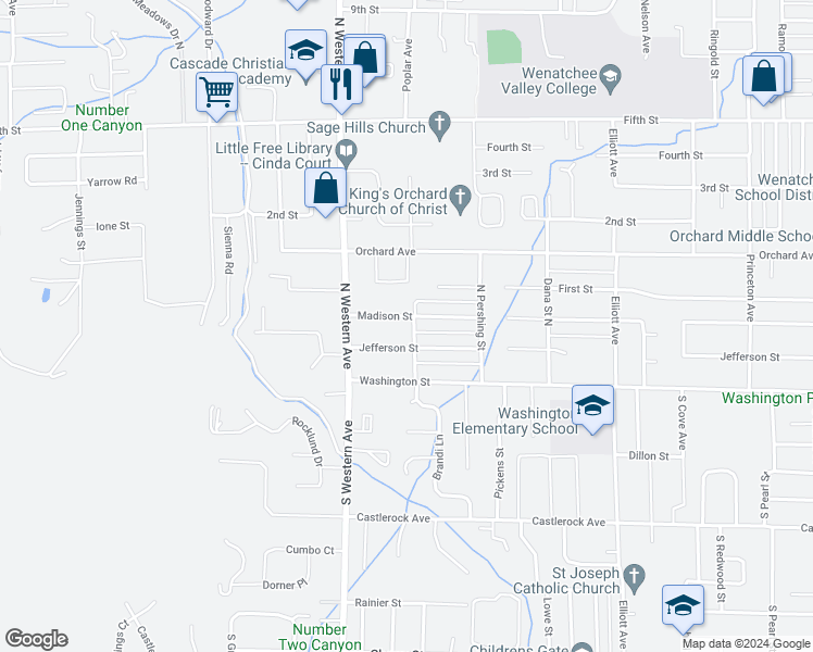 map of restaurants, bars, coffee shops, grocery stores, and more near 20 Poplar Avenue in Wenatchee