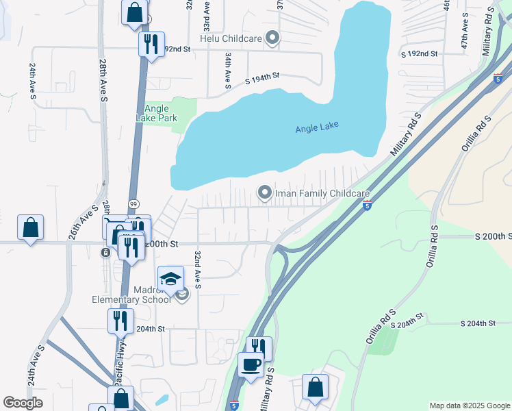 map of restaurants, bars, coffee shops, grocery stores, and more near 3423 South 198th Street in SeaTac
