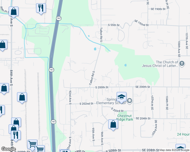 map of restaurants, bars, coffee shops, grocery stores, and more near 19808 Talbot Road South in Renton