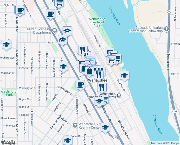 map of restaurants, bars, coffee shops, grocery stores, and more near 15 South Mission Street in Wenatchee