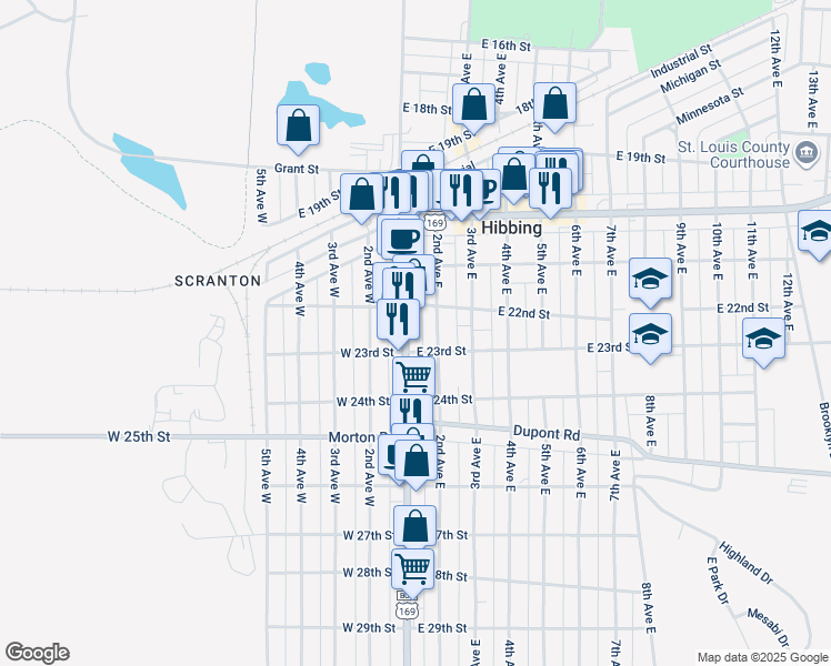 map of restaurants, bars, coffee shops, grocery stores, and more near 2232 1st Avenue in Hibbing