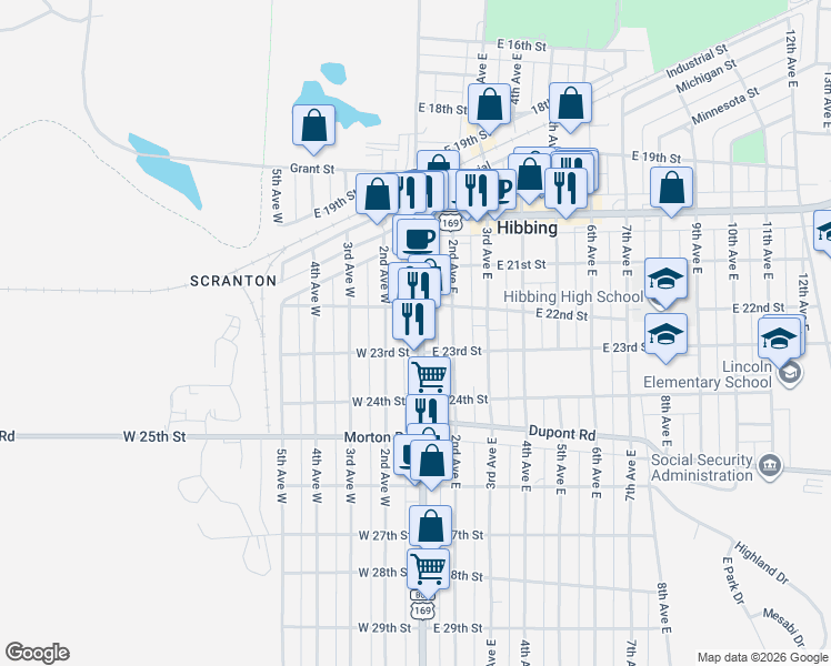 map of restaurants, bars, coffee shops, grocery stores, and more near 2232 1st Avenue in Hibbing