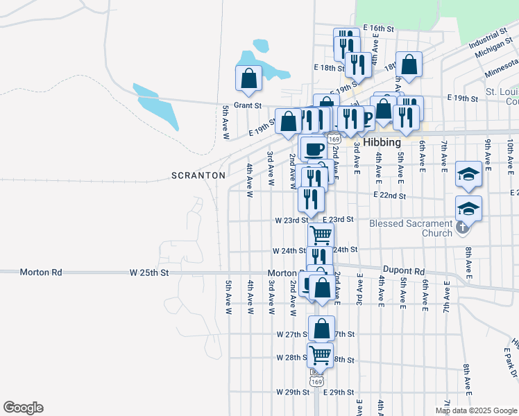 map of restaurants, bars, coffee shops, grocery stores, and more near 2229 4th Avenue West in Hibbing