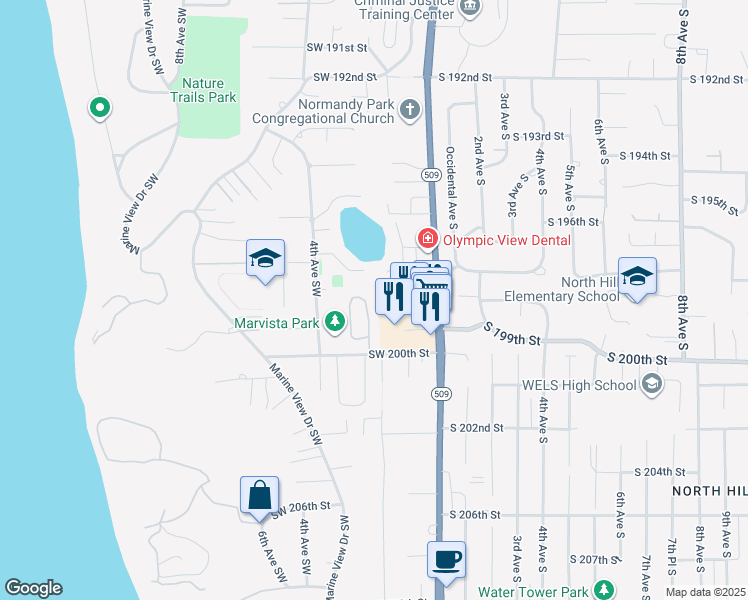 map of restaurants, bars, coffee shops, grocery stores, and more near 225 Southwest 197th Place in Normandy Park