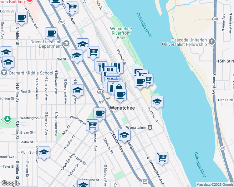 map of restaurants, bars, coffee shops, grocery stores, and more near 68 Palouse Street in Wenatchee