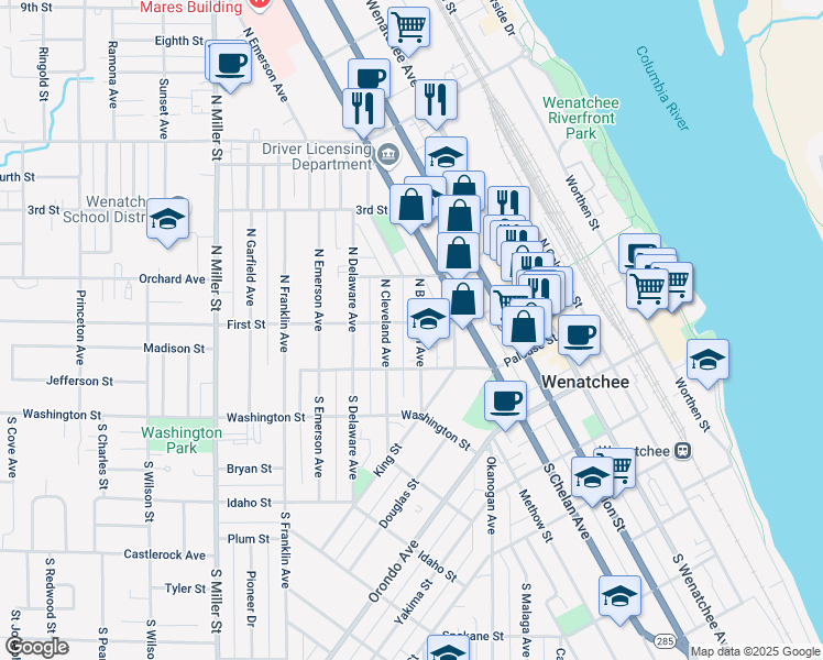 map of restaurants, bars, coffee shops, grocery stores, and more near 111 North Buchanan Avenue in Wenatchee
