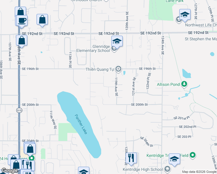 map of restaurants, bars, coffee shops, grocery stores, and more near 19411 118th Avenue Southeast in Kent
