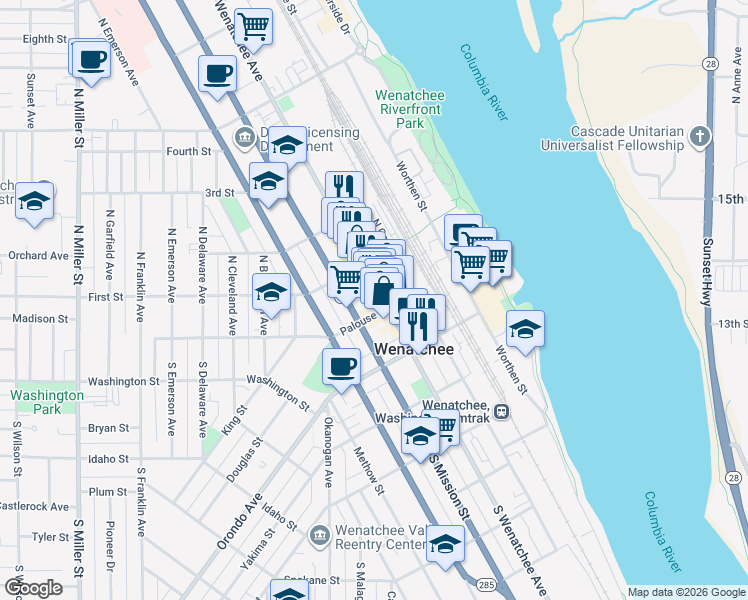 map of restaurants, bars, coffee shops, grocery stores, and more near 21 North Wenatchee Avenue in Wenatchee