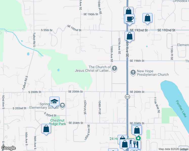map of restaurants, bars, coffee shops, grocery stores, and more near 19653 104th Avenue Southeast in Renton