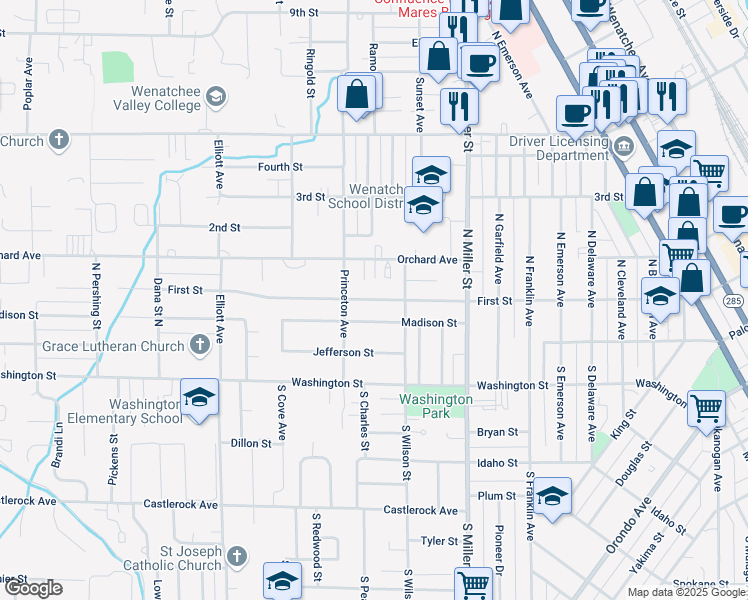 map of restaurants, bars, coffee shops, grocery stores, and more near 1121 First Street in Wenatchee