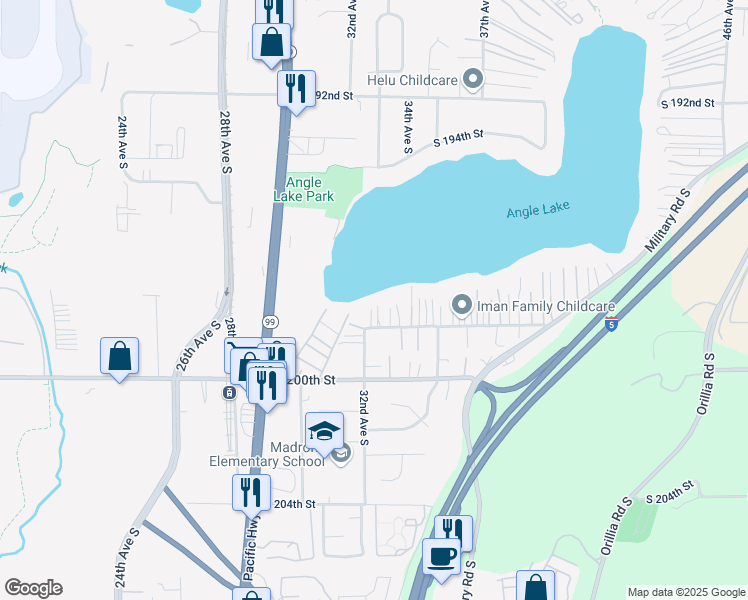 map of restaurants, bars, coffee shops, grocery stores, and more near 3212 South 198th Street in SeaTac