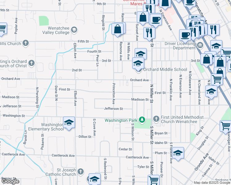 map of restaurants, bars, coffee shops, grocery stores, and more near 1137 1st Street in Wenatchee