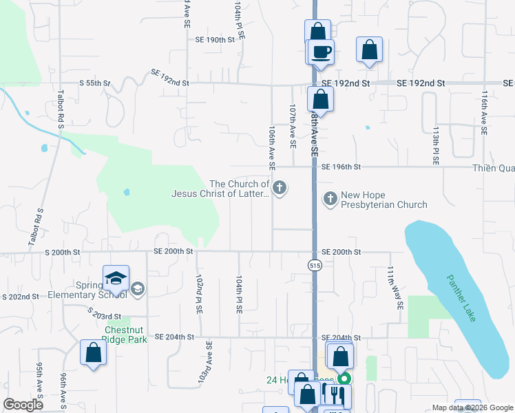 map of restaurants, bars, coffee shops, grocery stores, and more near 19632 105th Avenue Southeast in Renton