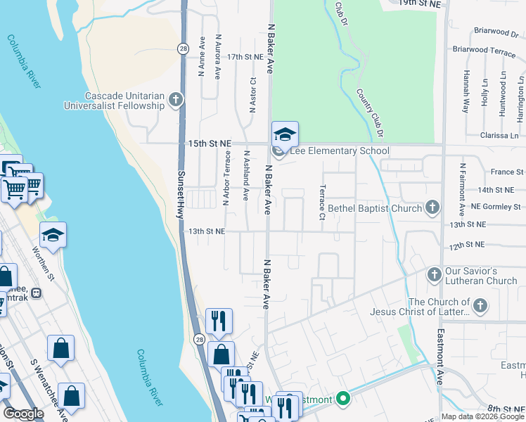 map of restaurants, bars, coffee shops, grocery stores, and more near 1339 North Baker Avenue in East Wenatchee