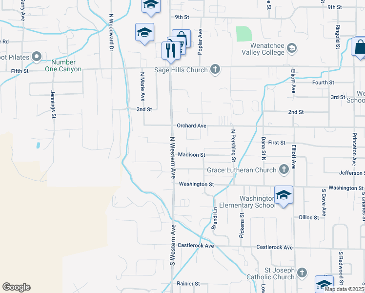 map of restaurants, bars, coffee shops, grocery stores, and more near 1740 Madison Street in Wenatchee