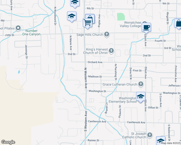 map of restaurants, bars, coffee shops, grocery stores, and more near 1740 Madison Street in Wenatchee